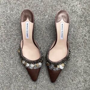 Manolo Blahnik 2000s Silver & Gold Coin Brown Leather Mule Heels
